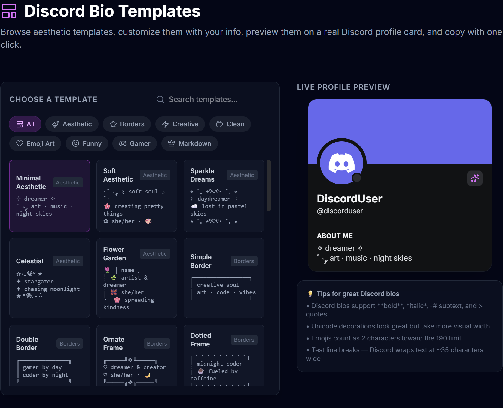 Discord Bio Templates tool — browse templates, customize fields, and preview on a real profile card