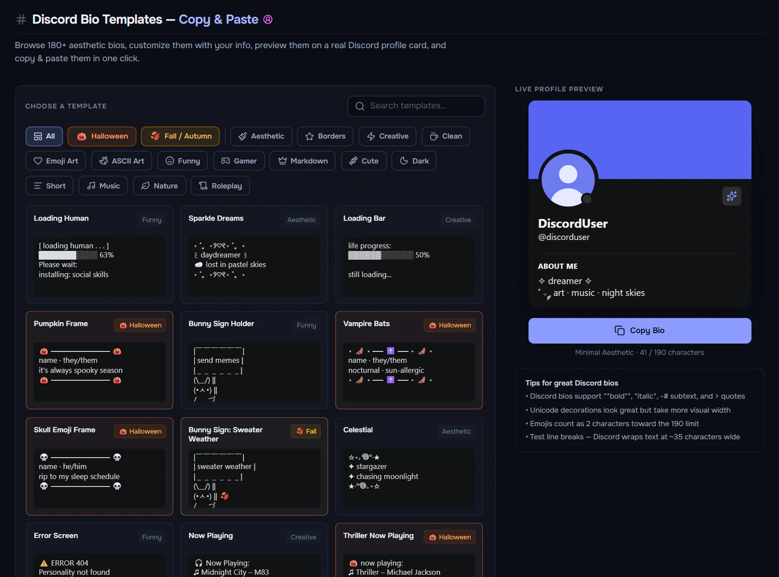 Discord Bio Generator — browse bios, customize the text, and preview your funny bio on a real profile card