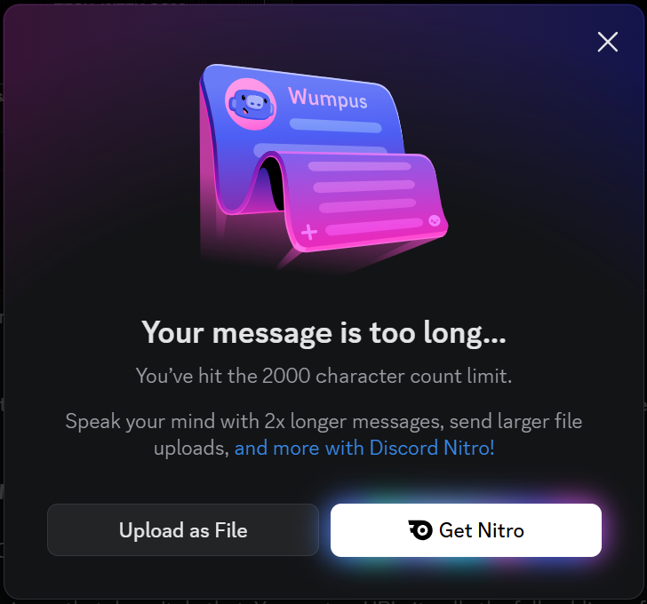 Discord 'Your message is too long' dialog showing the 2000 character count limit with options to Upload as File or Get Nitro