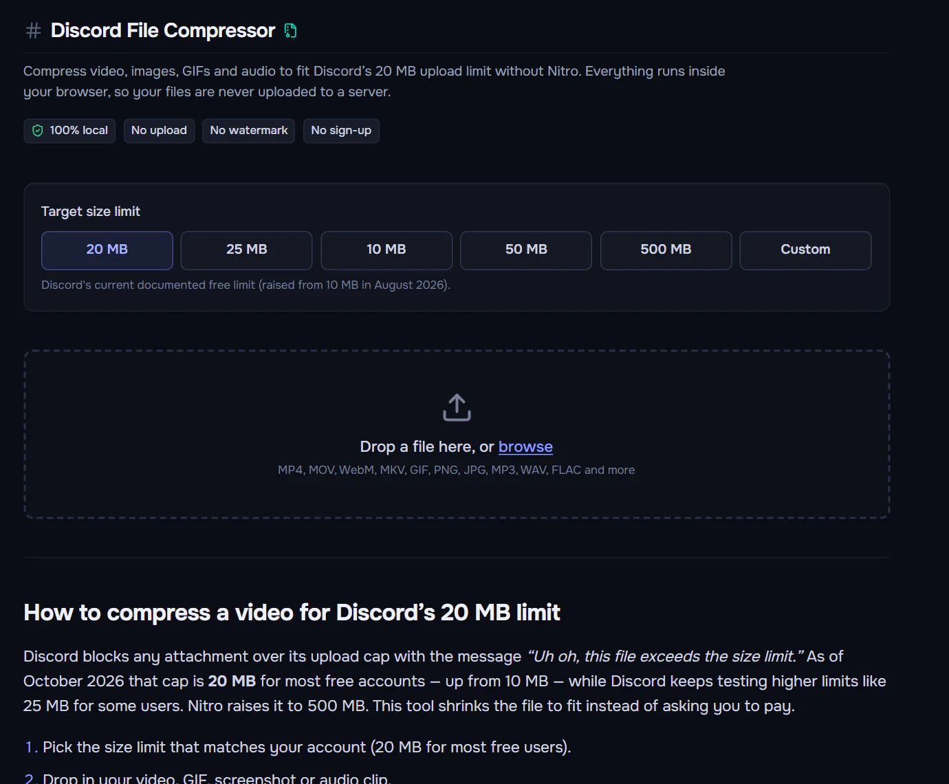Discord File Compressor tool — pick a 20MB, 25MB, 10MB, 50MB or 500MB target and drop in a video, image, GIF or audio file to shrink it in your browser