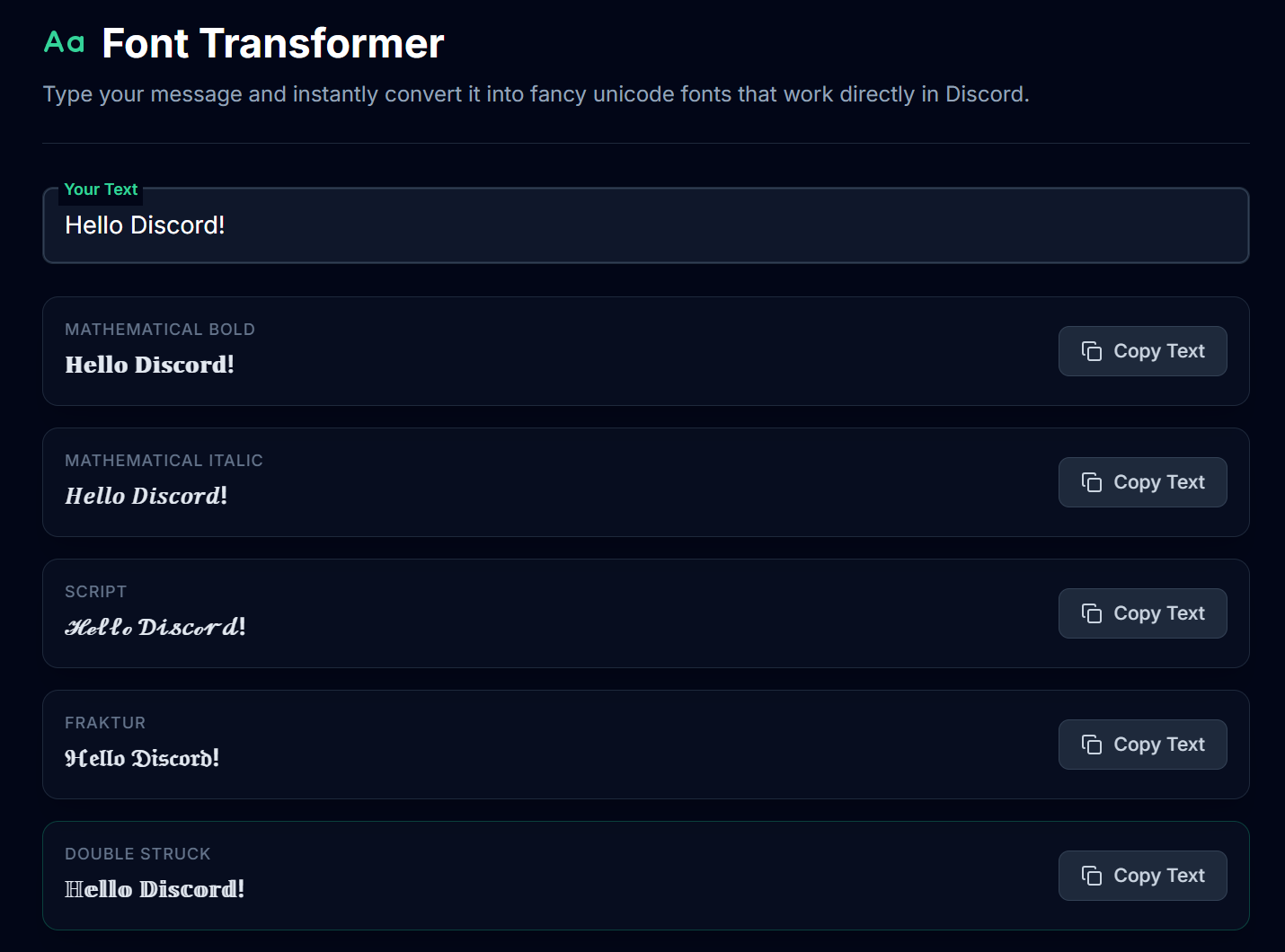 Discord Font Transformer — convert plain text into Unicode font styles like cursive, bubble, fraktur, and zalgo