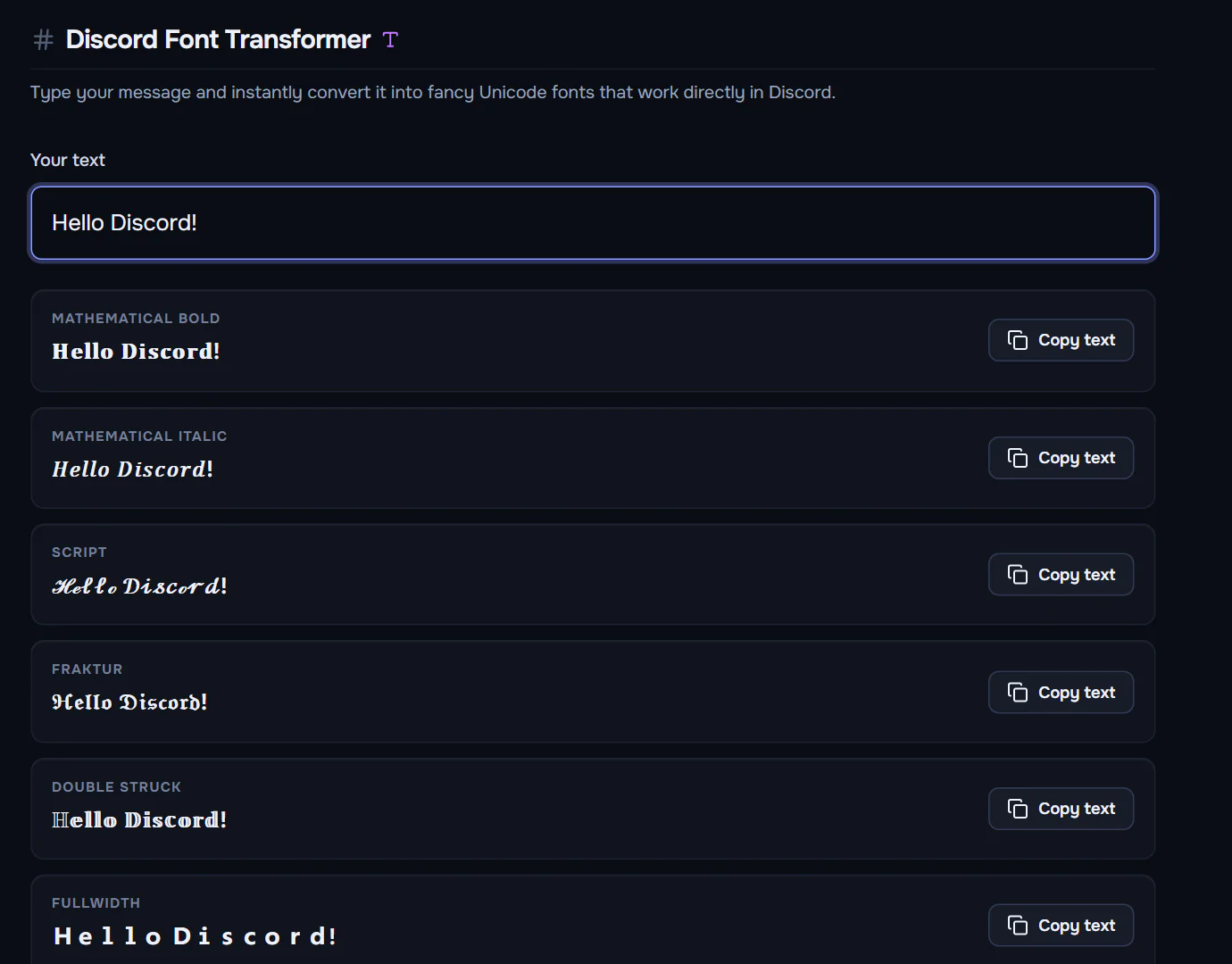 Discord Font Transformer — convert plain text into Unicode font styles like cursive, bubble letters, fraktur, and zalgo