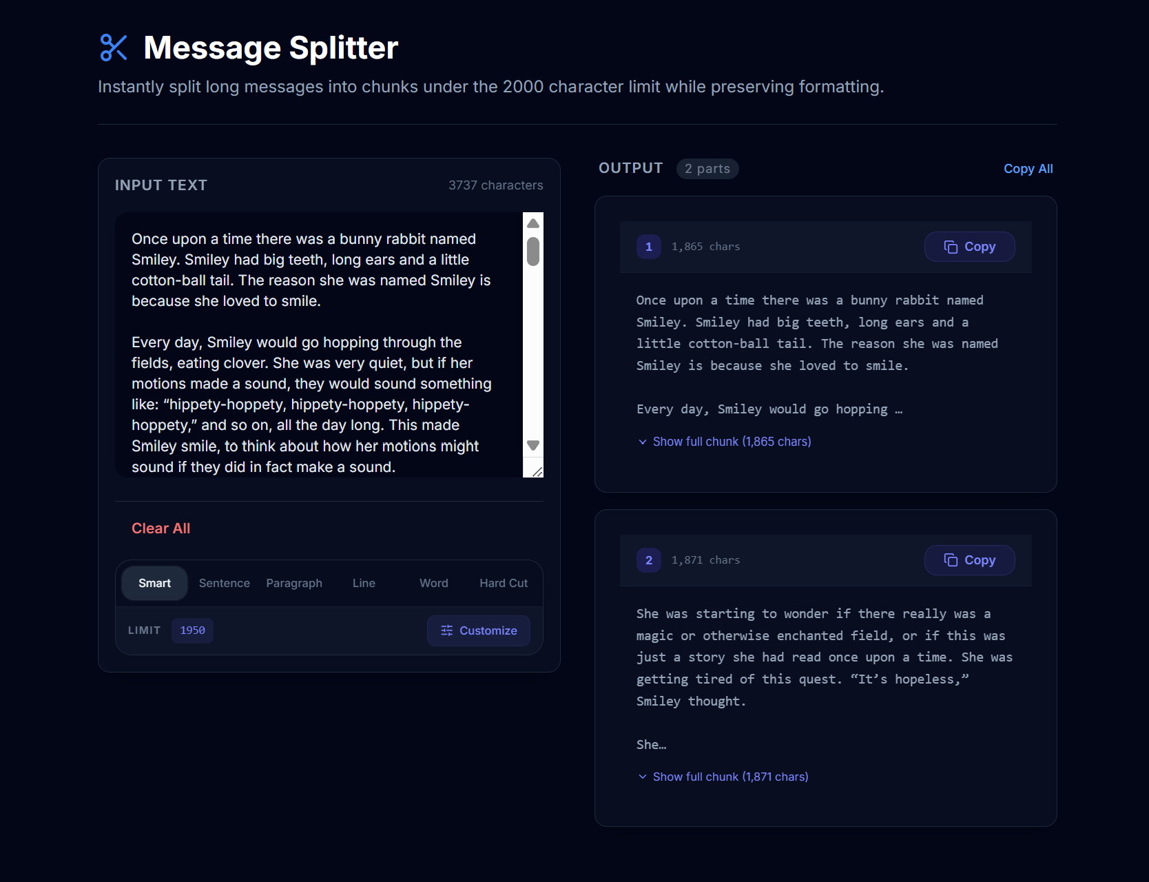 Discord Message Splitter tool — paste your text, get clean chunks under 2000 characters with formatting preserved