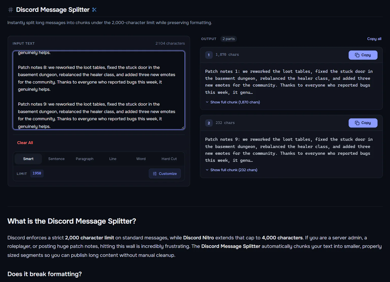 Discord Message Splitter tool — paste your text, get clean chunks under 2000 characters with formatting preserved