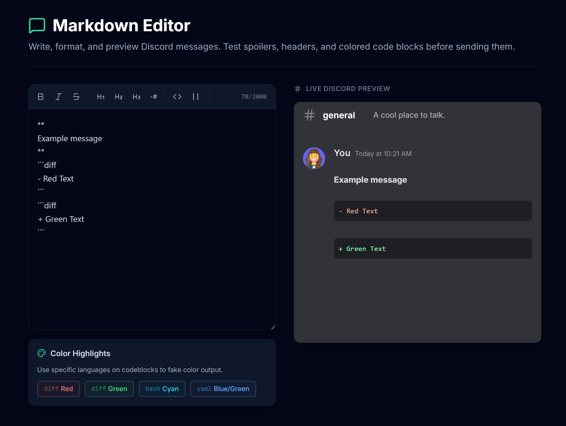Discord Message Editor — write markdown on the left, see a live Discord preview on the right with colored code blocks