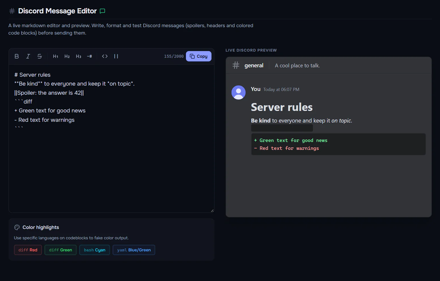 Discord Message Editor — write markdown on the left, see a live Discord preview on the right with colored code blocks